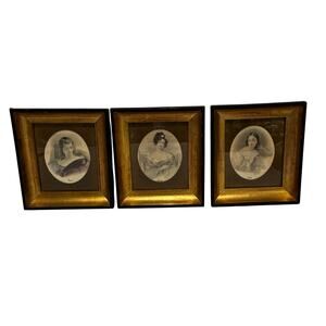 Vintage set (3) framed art prints portraits named women wooden double frames